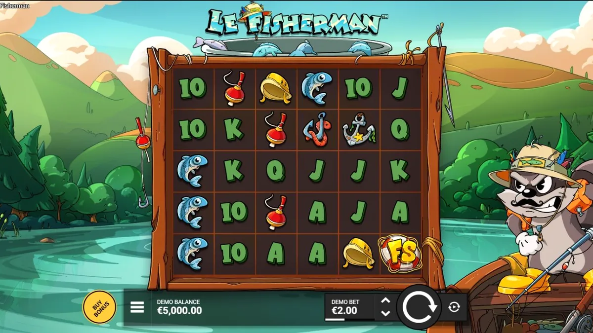 Smokey o guaxinim pescando em um barco no slot Le Fisherman