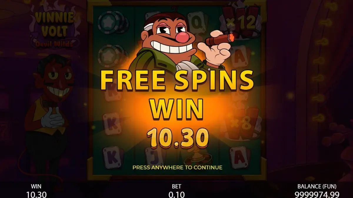 Vinnie Volt: Devil Wilds slot machine interface featuring the cartoon devil host.