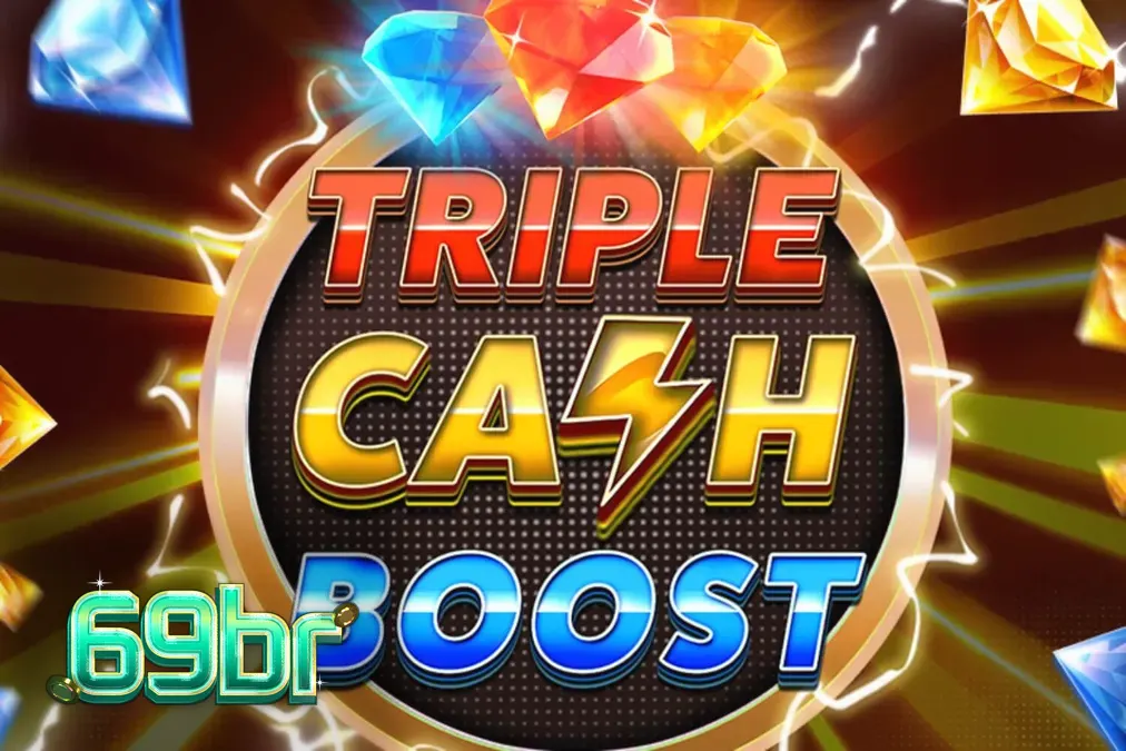 Interface neon e brilhante do slot Triple Cash Boost com símbolos de frutas futuristas.